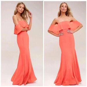 NWT Lulus All My Heart Coral Pink Off-the-Shoulder Maxi Dress Chiffon Sz L